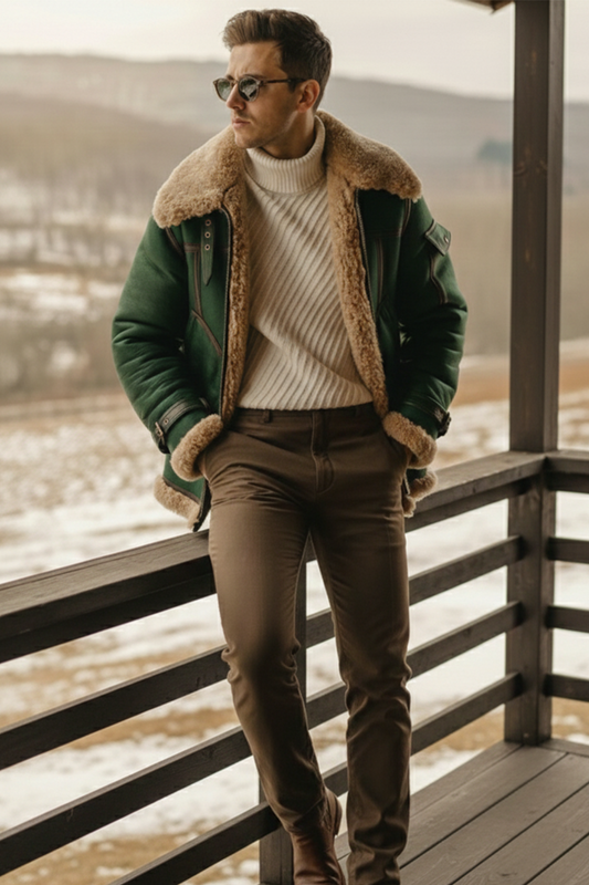 Shearling-Lined Aviator Jacket | Oliver – Dark Matcha