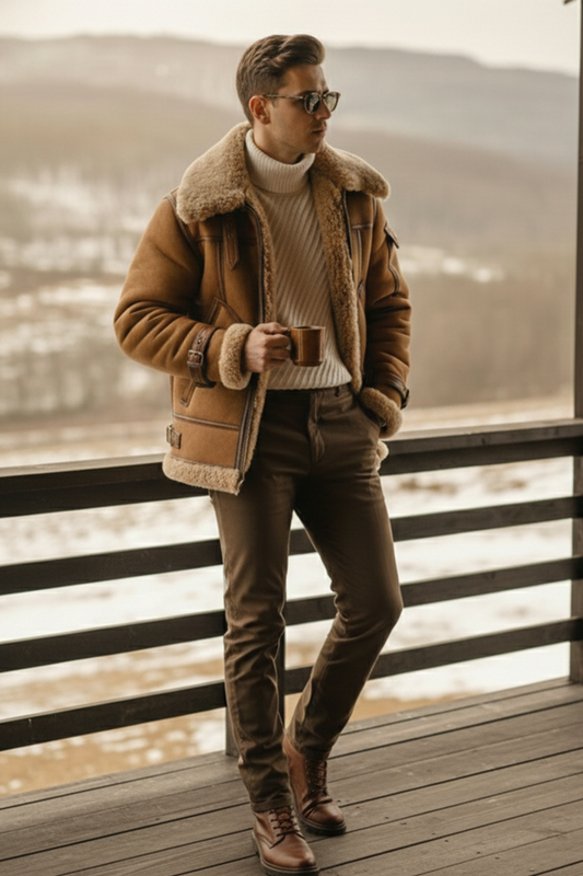 Shearling-Lined Aviator Jacket | Carter – Light Mocha Brown