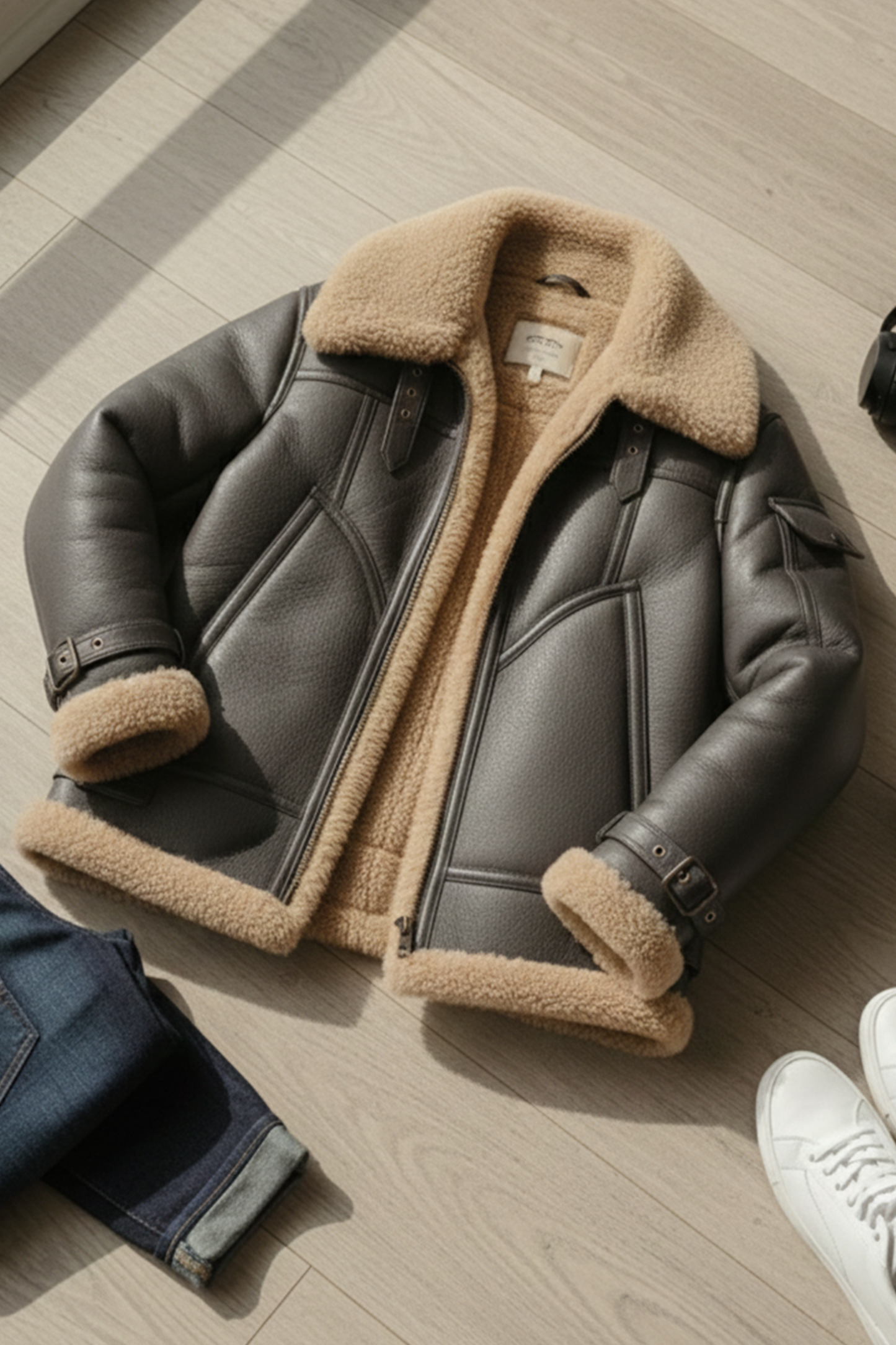 Shearling-Lined Aviator Jacket | Jackson – Charcoal Black