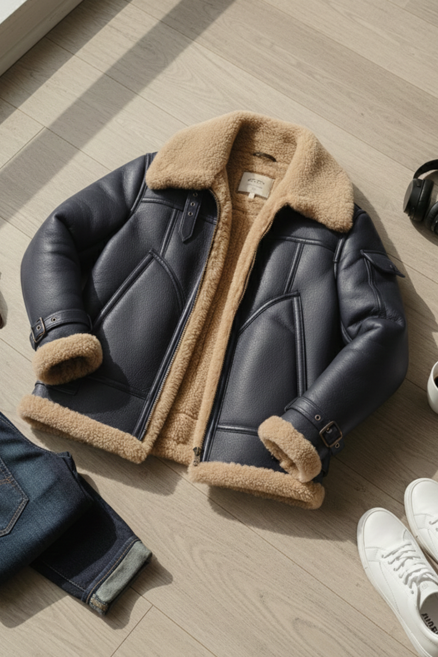 Shearling-Lined Aviator Jacket | Hudson – Dark Blueberry
