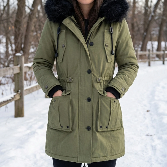 Women's Long Winter Parka Coat with Fur Hood