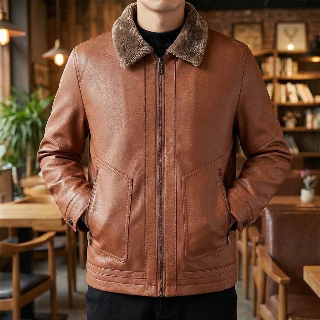Shearling Collar Leather Jacket