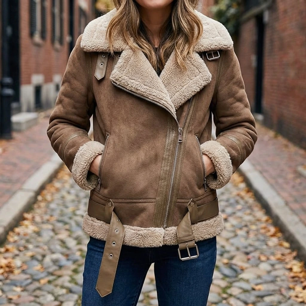 Women’s Faux Leather Aviator Jacket with Sherpa Collar