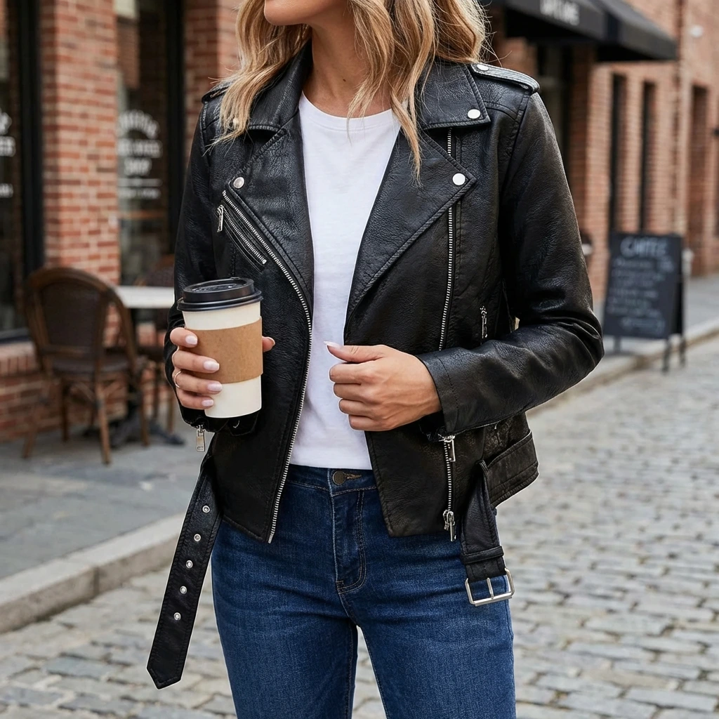 Women’s Classic Moto Leather Jacket with Zip Pockets