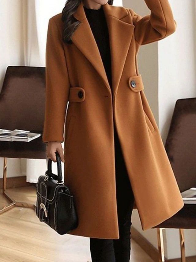 Women's Tailored Long Overcoat with Waist Buttons