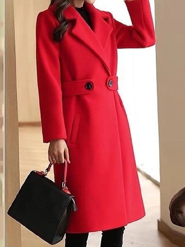 Women's Tailored Long Overcoat with Waist Buttons