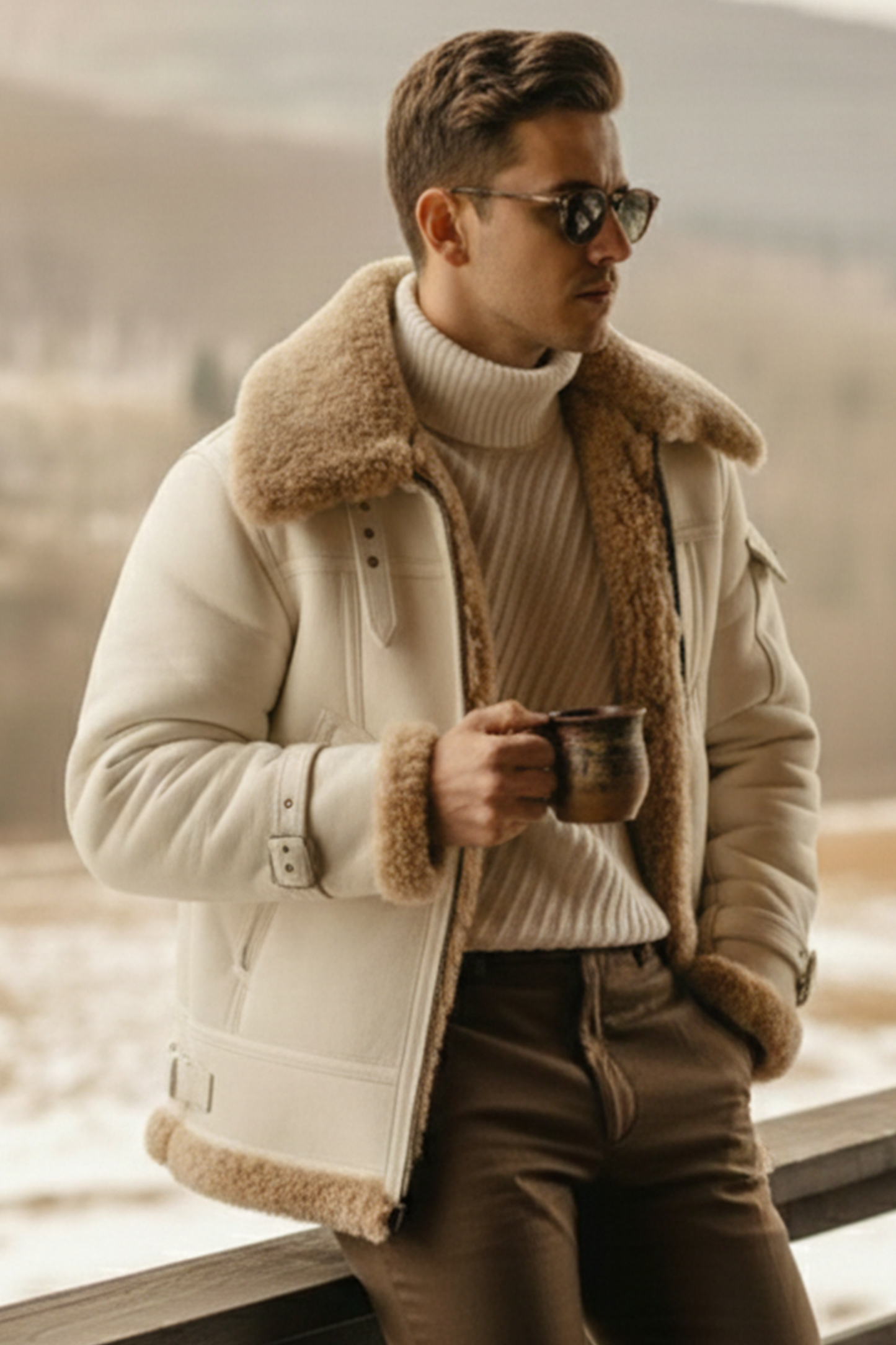 Shearling-Lined Aviator Jacket | Wesley – White Chocolate