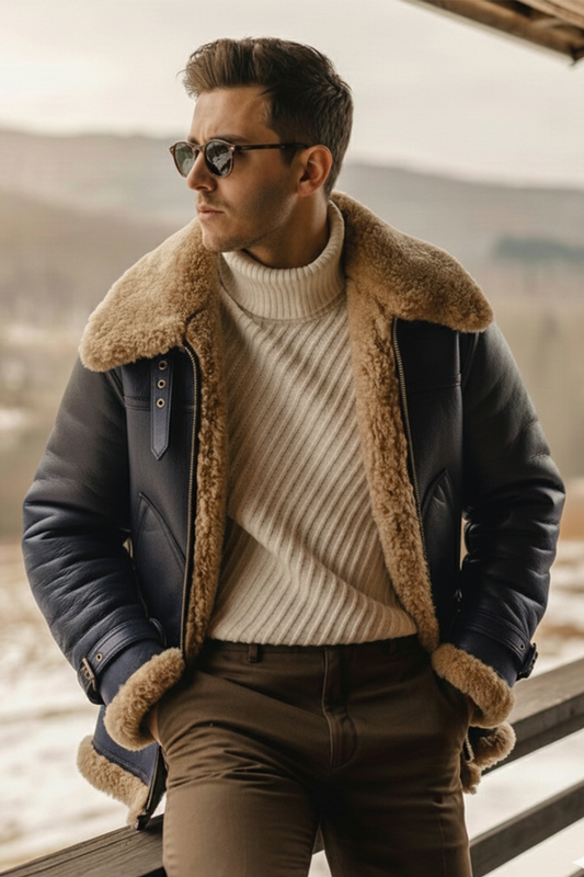 Shearling-Lined Aviator Jacket | Hudson – Dark Blueberry