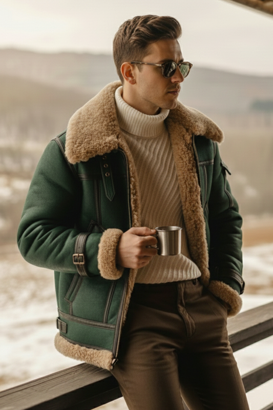 Shearling-Lined Aviator Jacket | Oliver – Dark Matcha