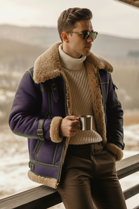 Shearling-Lined Aviator Jacket | Dominic – Purple Eggplant