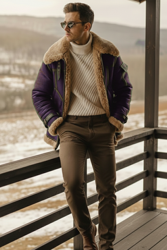 Shearling-Lined Aviator Jacket | Dominic – Purple Eggplant