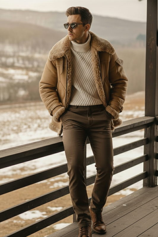 Shearling-Lined Aviator Jacket | Carter – Light Mocha Brown