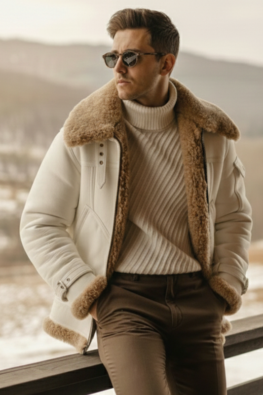 Shearling-Lined Aviator Jacket | Wesley – White Chocolate