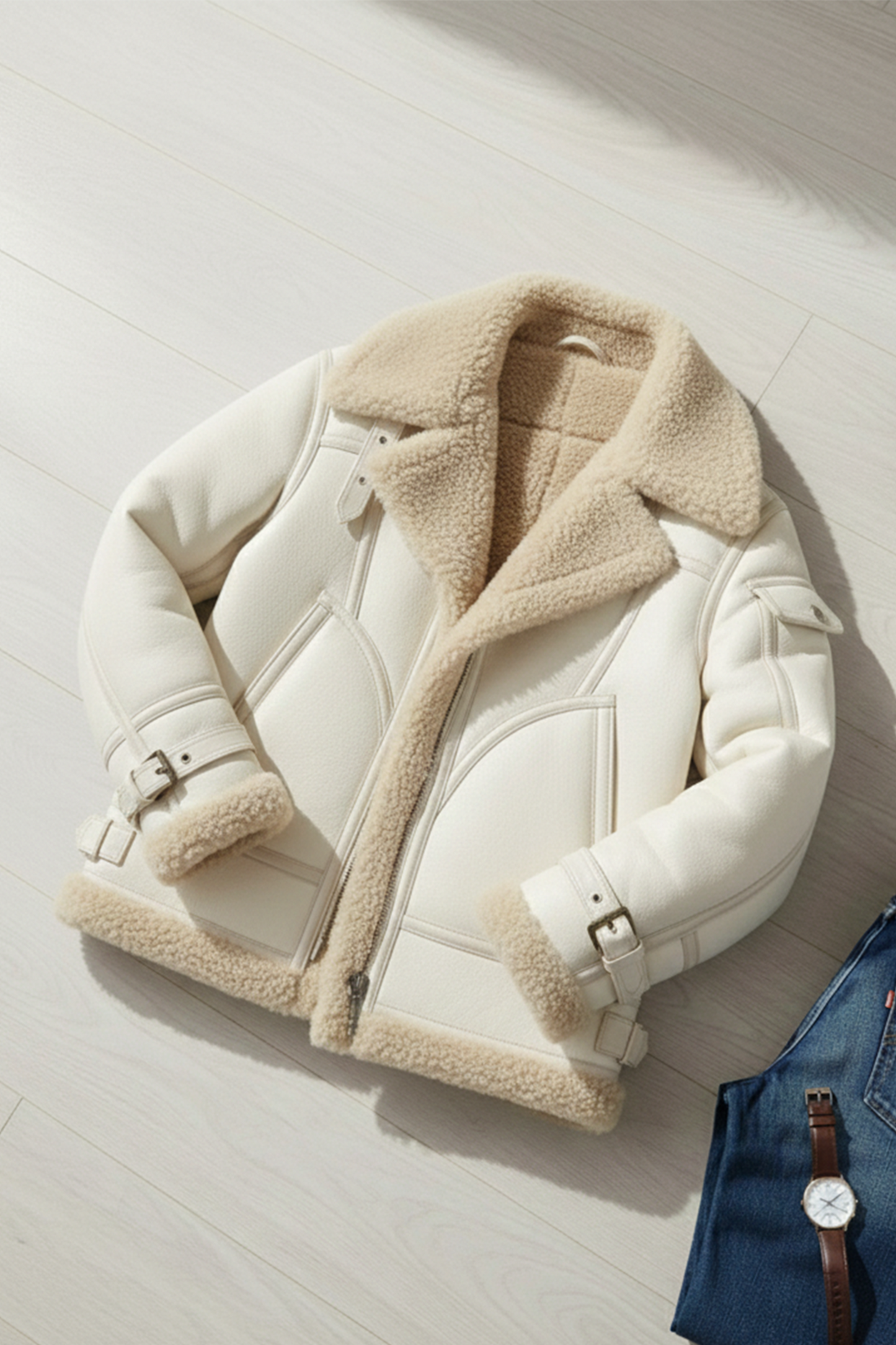 Shearling-Lined Aviator Jacket | Wesley – White Chocolate