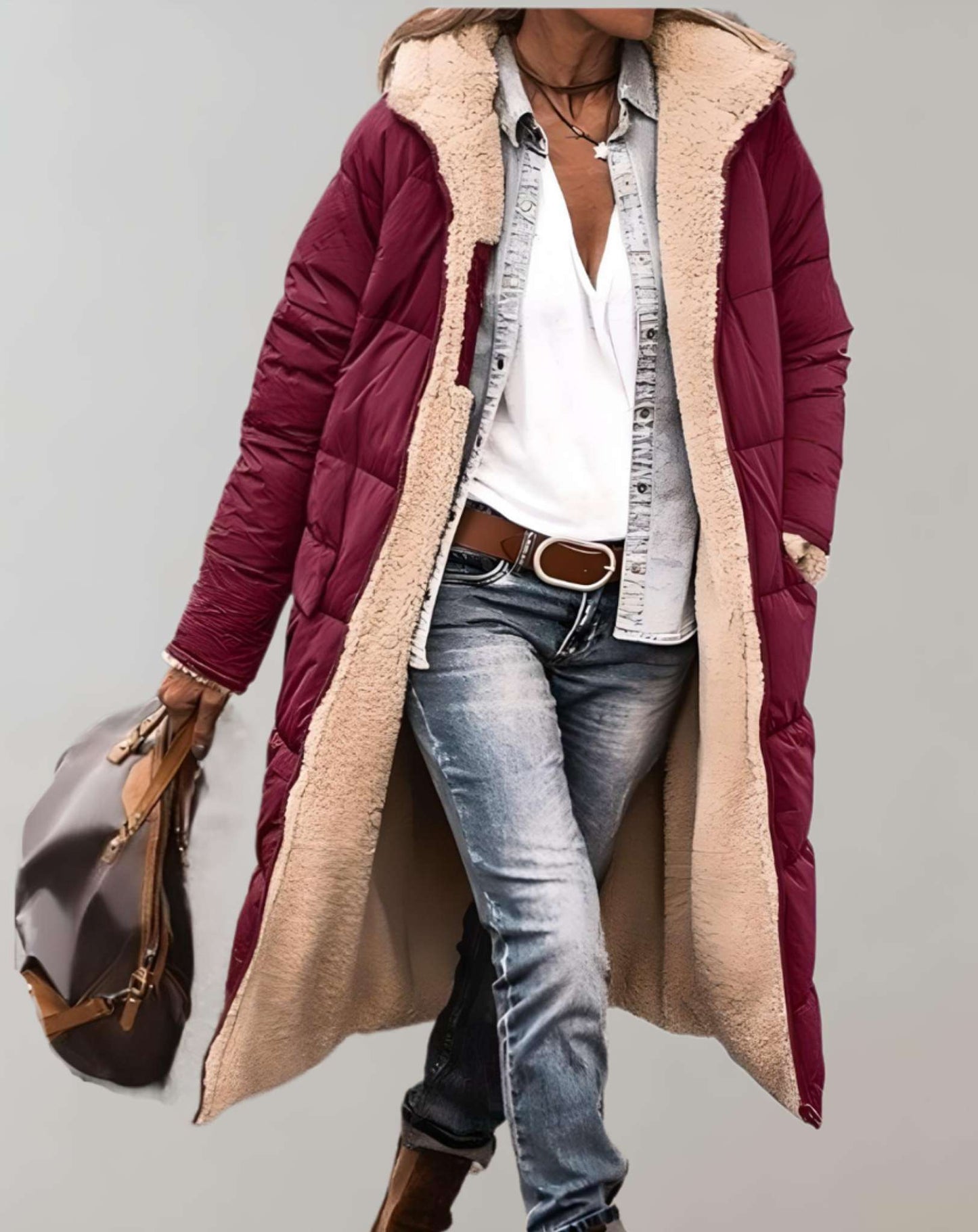 Hooded Sherpa Lined Long Puffer Coat For Women