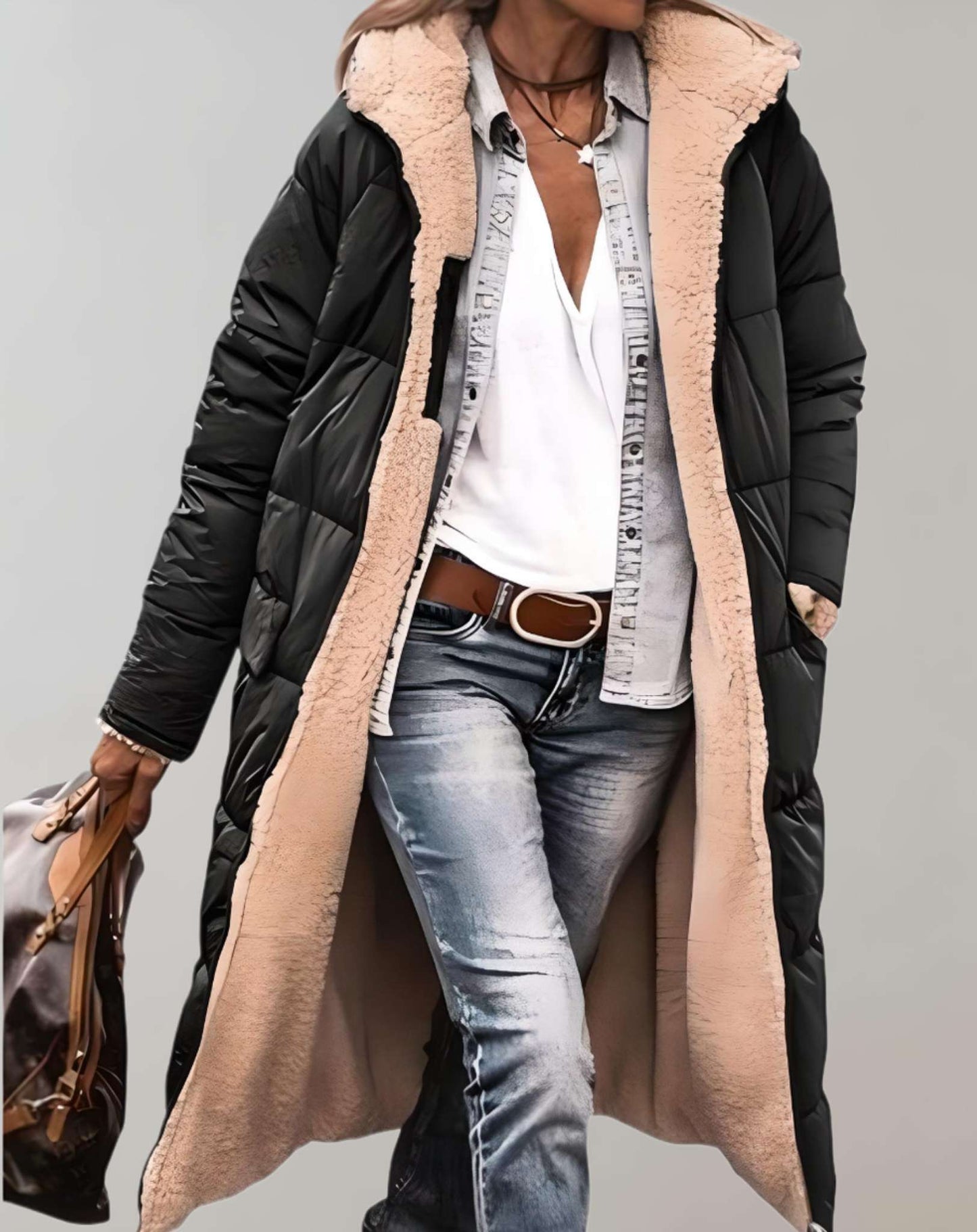 Hooded Sherpa Lined Long Puffer Coat For Women