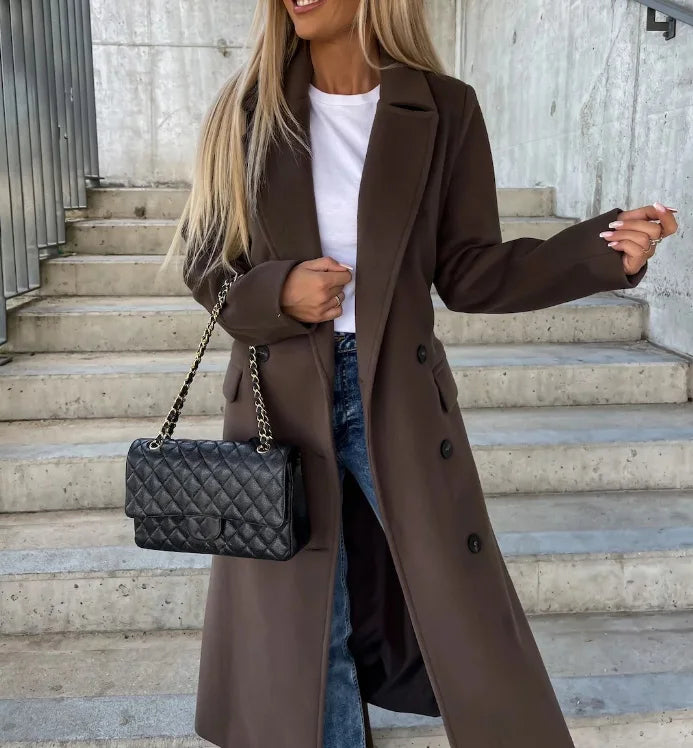 Women's Double Breasted Long Wool Look Overcoat