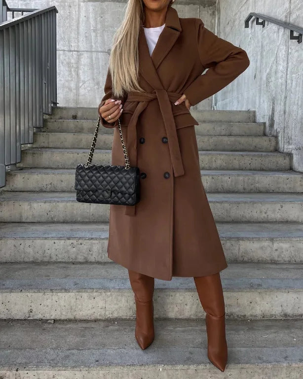 Women's Double Breasted Long Wool Look Overcoat
