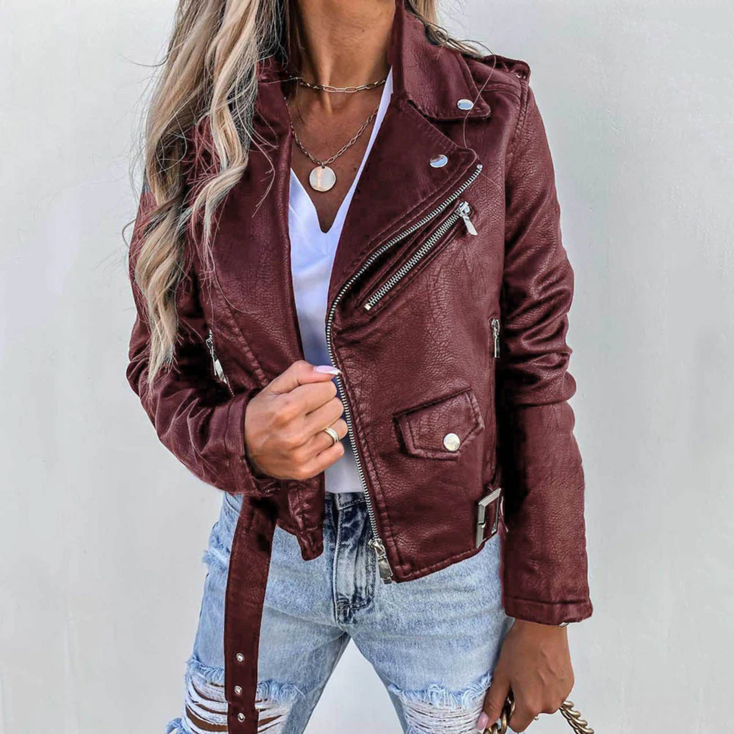 Women’s Classic Moto Leather Jacket with Zip Pockets