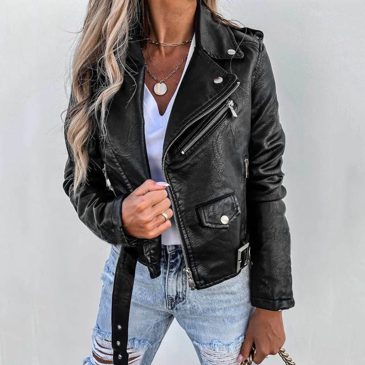 Women’s Classic Moto Leather Jacket with Zip Pockets