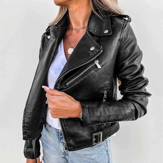 Women’s Classic Moto Leather Jacket with Zip Pockets