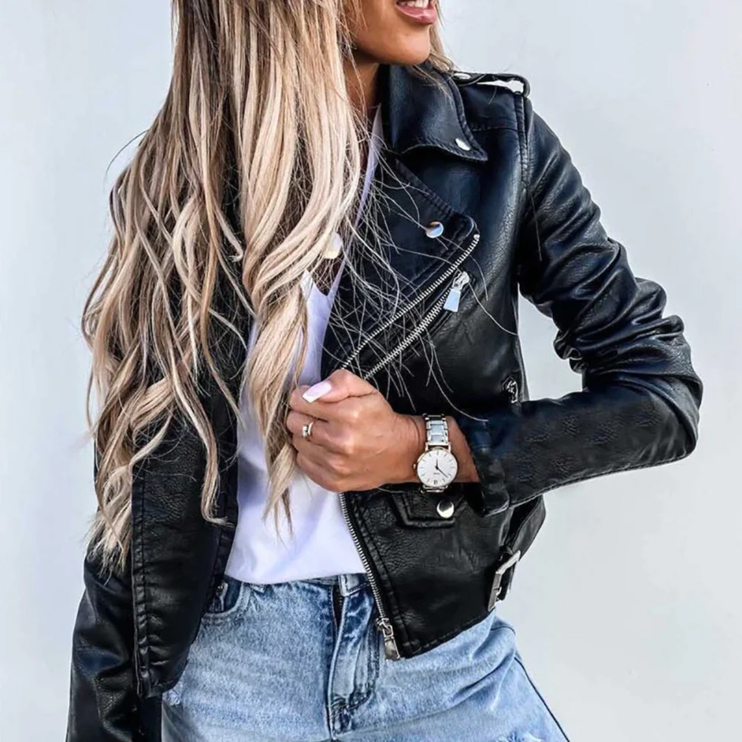 Women’s Classic Moto Leather Jacket with Zip Pockets