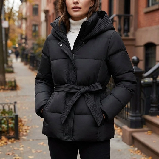 Women’s Hooded Belted Winter Puffer Jacket with Zip Front