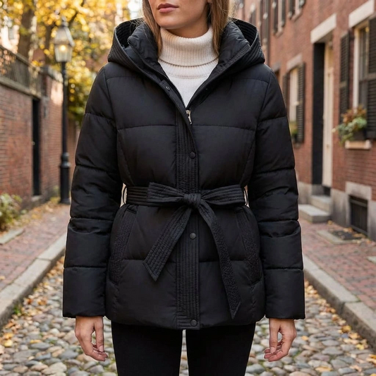 Women’s Hooded Belted Winter Puffer Jacket with Zip Front