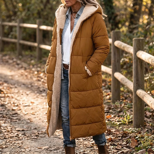 Hooded Sherpa Lined Long Puffer Coat For Women