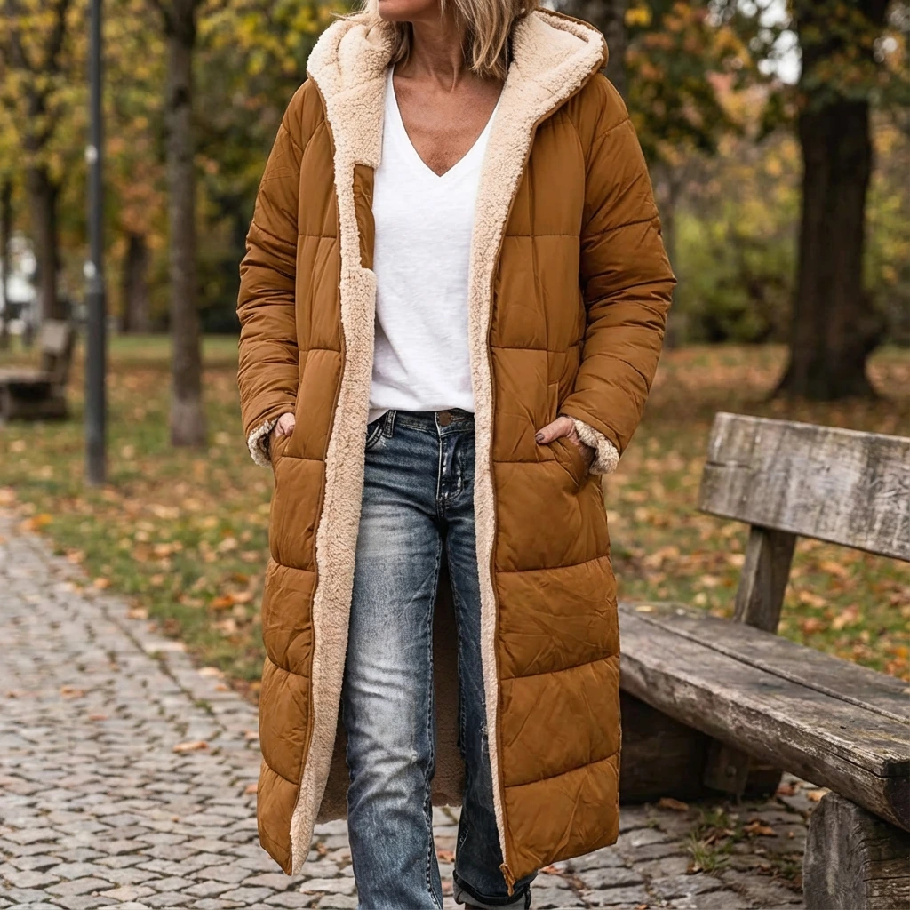 Hooded Sherpa Lined Long Puffer Coat For Women