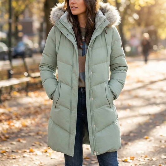 Women’s Long Hooded Winter Puffer Coat with Fleece Lining