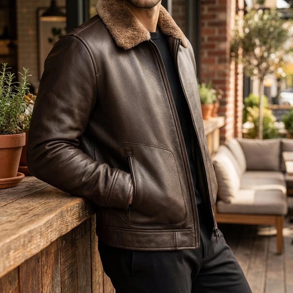 Shearling Collar Leather Jacket