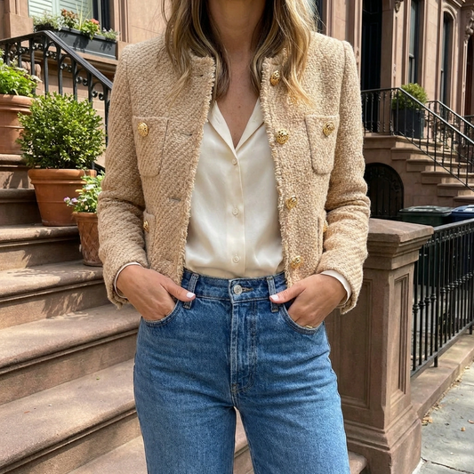 Women’s Tweed Fringe-Trim Jacket with Button Front