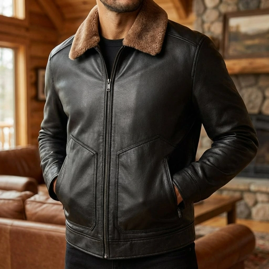 Shearling Collar Leather Jacket
