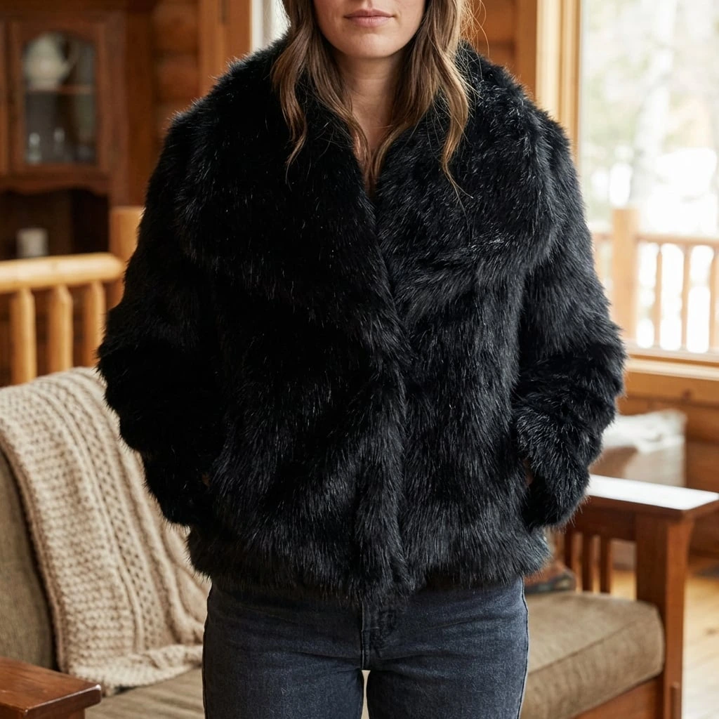 Women's Black Faux Fur Winter Jacket with Open Front
