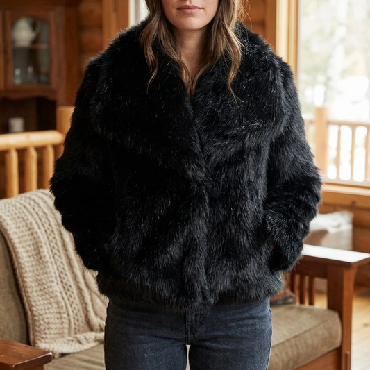 Women's Black Faux Fur Winter Jacket with Open Front