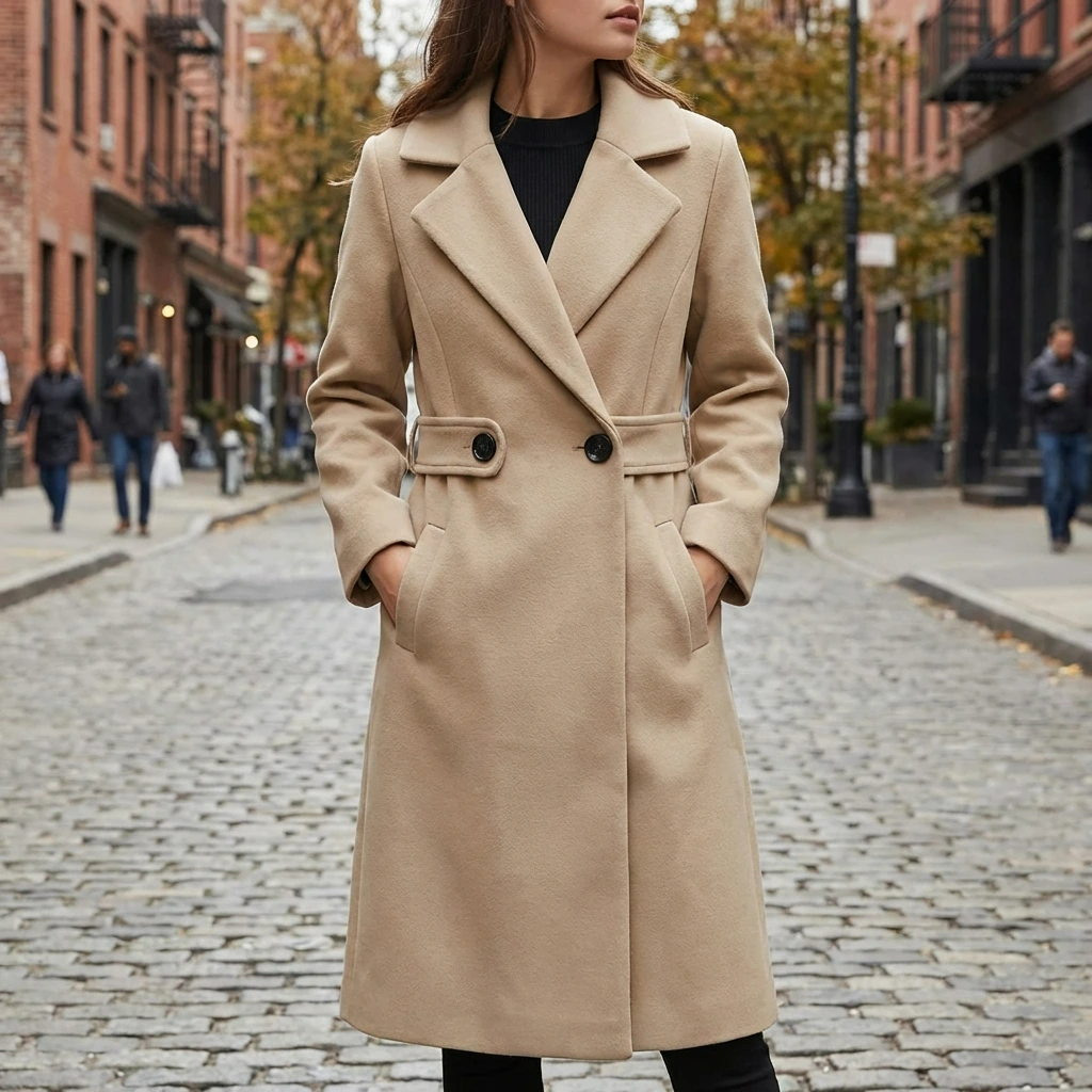 Women's Tailored Long Overcoat with Waist Buttons