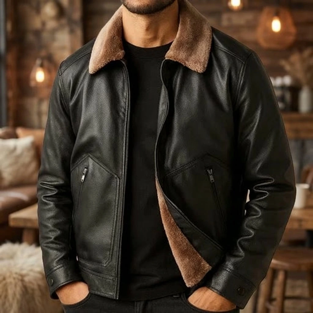 Shearling Collar Leather Jacket