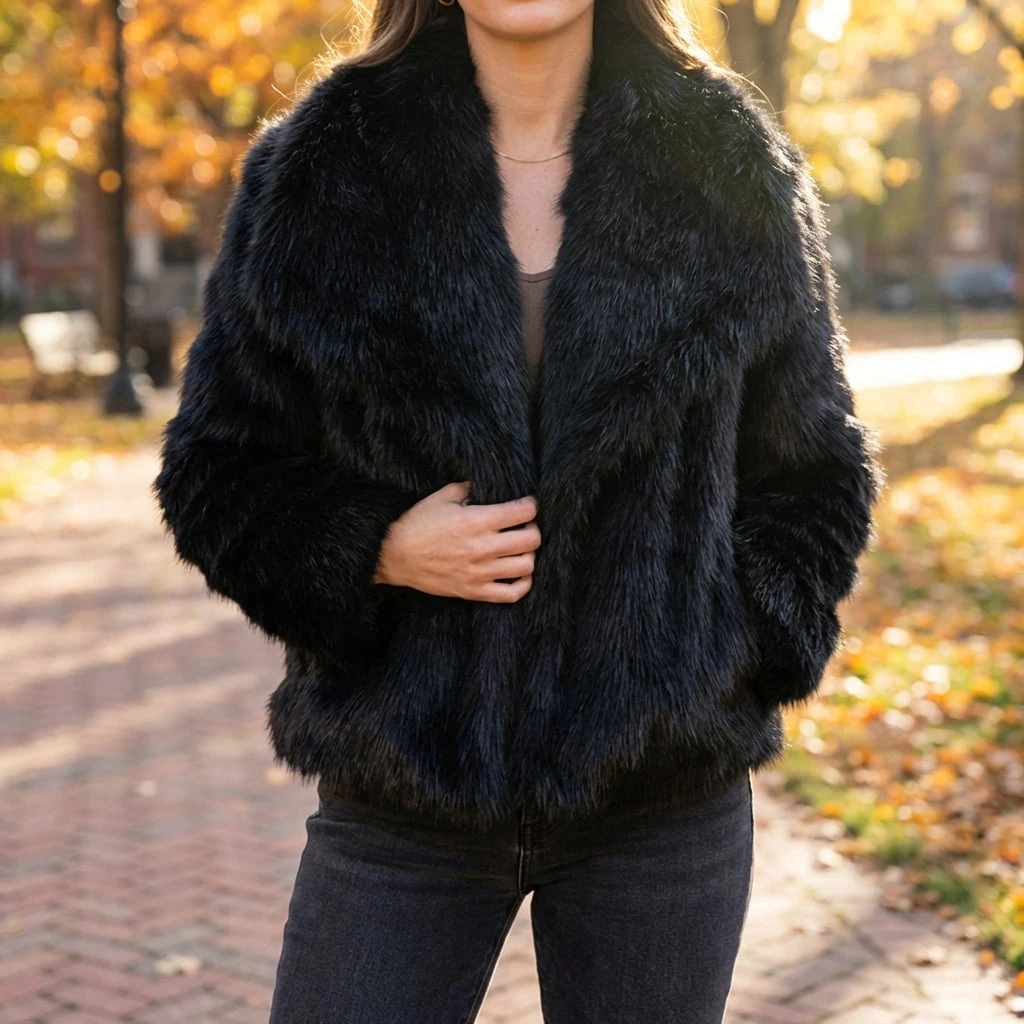 Women's Black Faux Fur Winter Jacket with Open Front