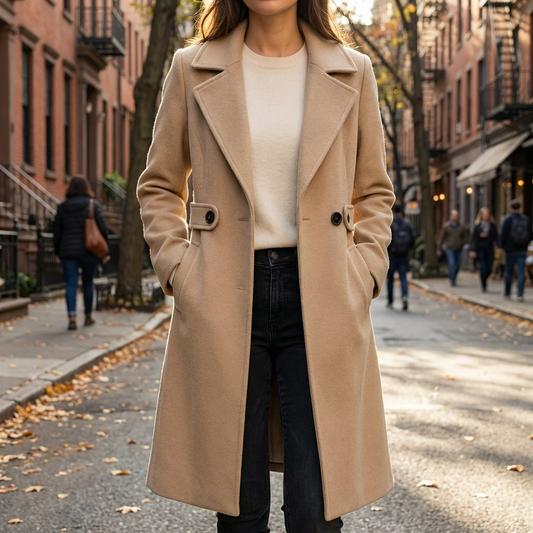 Women's Tailored Long Overcoat with Waist Buttons