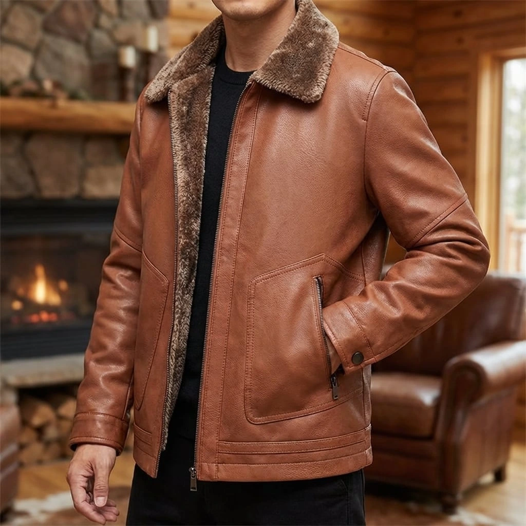 Shearling Collar Leather Jacket
