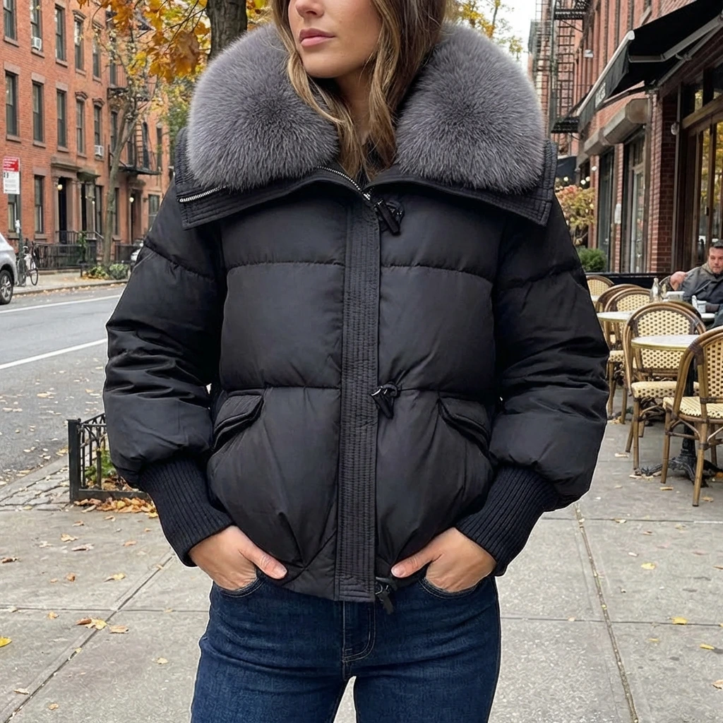 Women’s Winter Puffer Jacket with Faux Fur Hood
