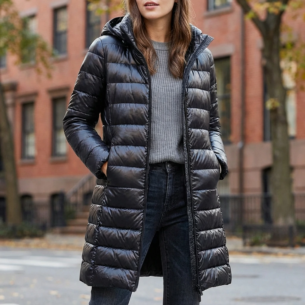 Women's Lightweight Hooded Puffer Coat with Zip Front