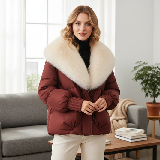 Women’s Winter Puffer Jacket with Faux Fur Collar and Pockets