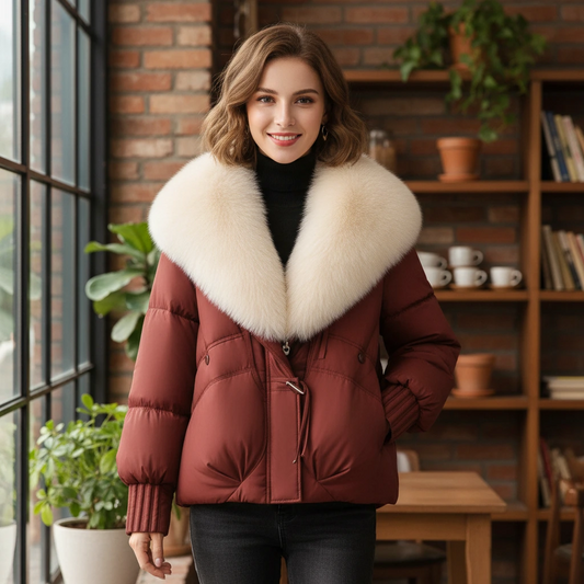 Women’s Winter Puffer Jacket with Faux Fur Collar and Pockets