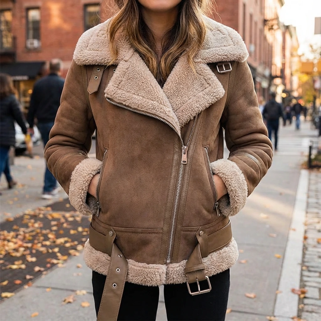Women’s Faux Leather Aviator Jacket with Sherpa Collar