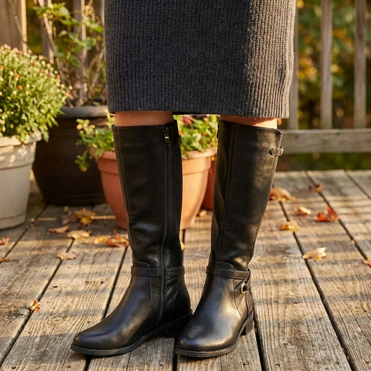 Black knee-high boots on a wooden deck with plants in the background