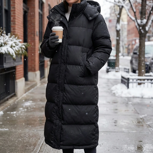 Women’s Long Winter Puffer Coat with Hood and Pockets