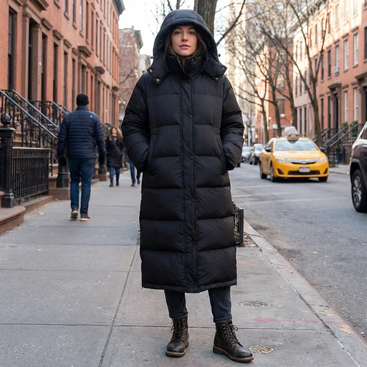 Women’s Long Winter Puffer Coat with Hood and Pockets