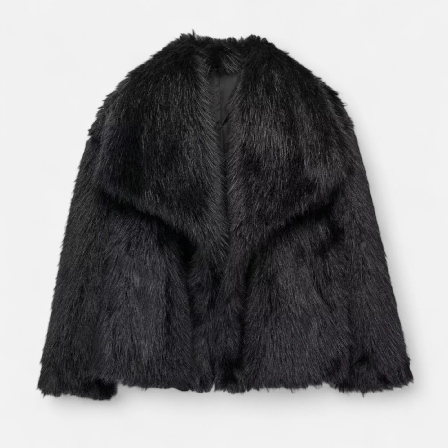 Women's Black Faux Fur Winter Jacket with Open Front
